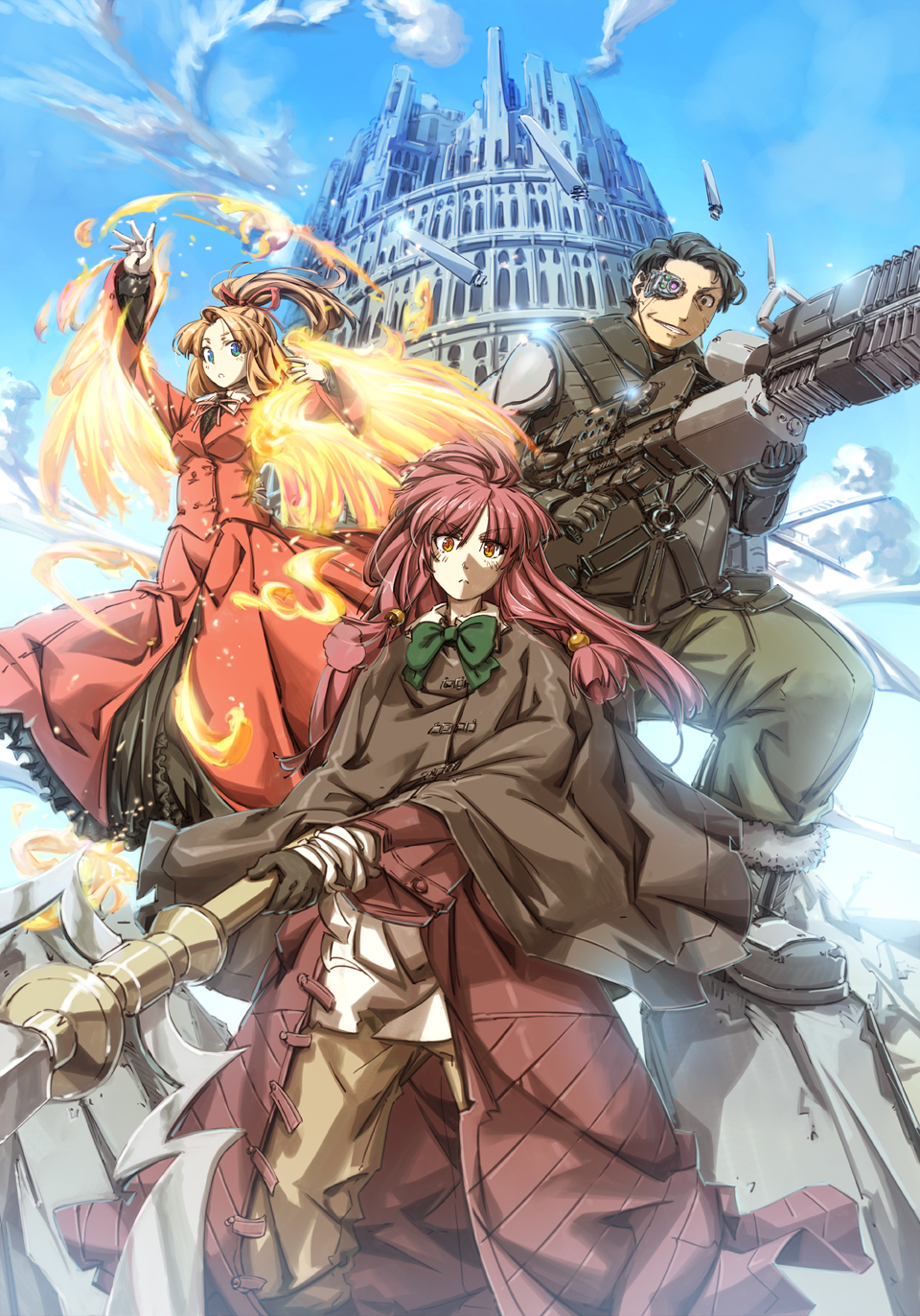 1boy 2girls blonde_hair blue_eyes blue_sky bow brown_cape brown_eyes brown_hair day dress eyepatch fire gloves green_bow grin gun highres meiz multiple_girls outdoors polearm ponytail red_dress shell_casing sky smile standing weapon white_gloves