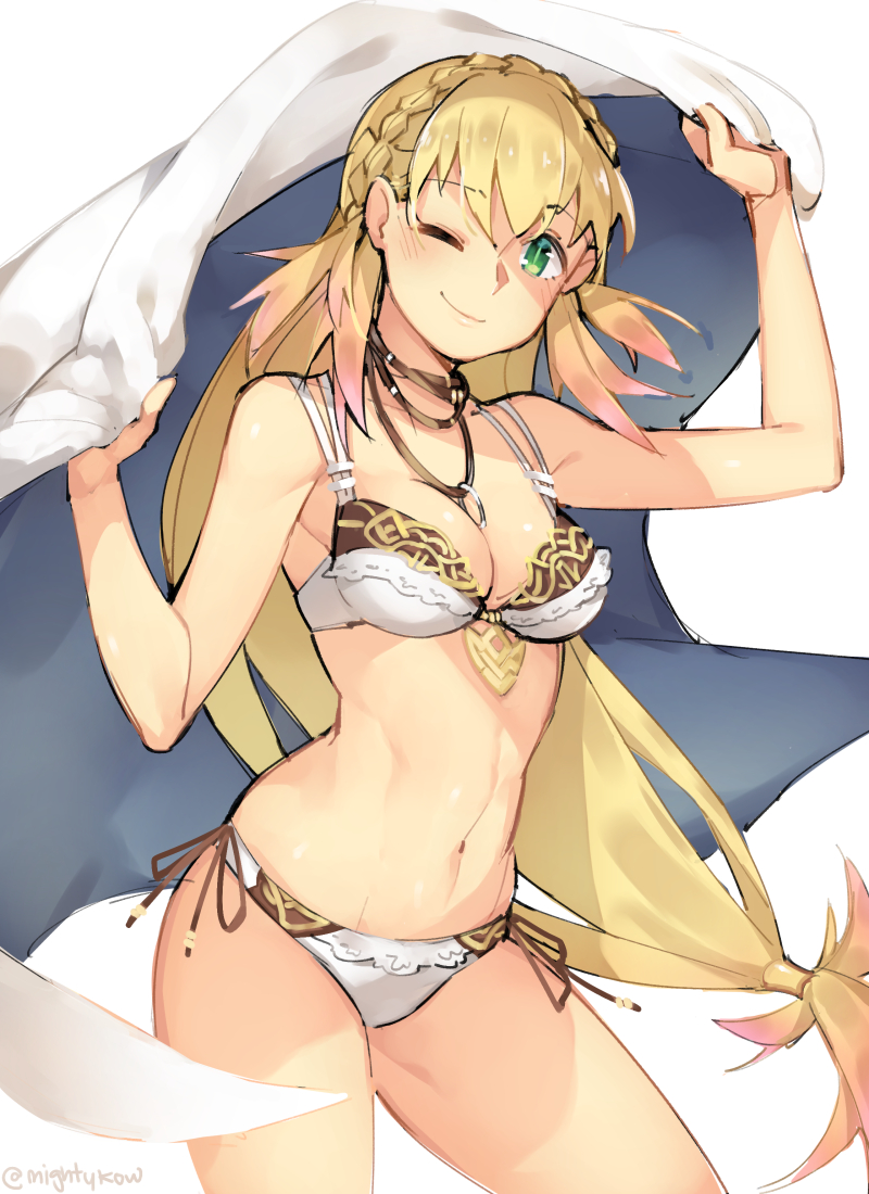 1girl bikini blonde_hair braid breasts cleavage cloak cowboy_shot fire_emblem fire_emblem_heroes gebyy-terar green_eyes jewelry long_hair looking_at_viewer low-tied_long_hair medium_breasts midriff navel neck_ring one_eye_closed sharena side-tie_bikini simple_background smile solo swimsuit twitter_username very_long_hair white_background white_bikini