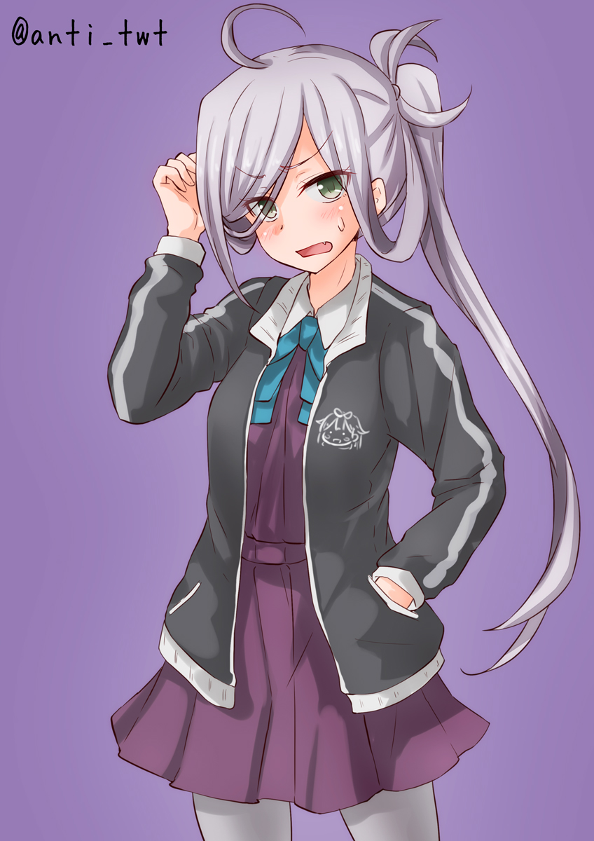 1girl ahoge anti_(untea9) asashimo_(kantai_collection) black_jacket bow bowtie commentary_request cowboy_shot fang green_neckwear grey_hair grey_legwear hair_over_one_eye halterneck hand_in_pocket highres jacket kantai_collection long_hair pantyhose ponytail purple_background school_uniform solo twitter_username