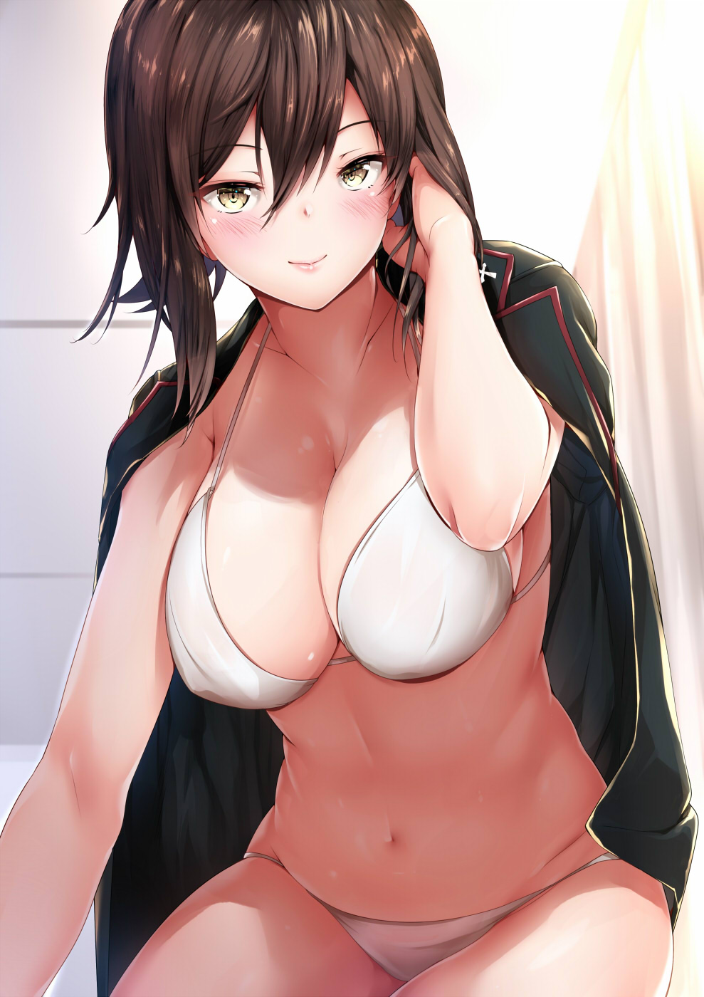 1girl amasora_taichi arm_up backlighting bangs bikini blush breasts brown_hair cleavage closed_mouth collarbone curtains girls_und_panzer hand_in_hair highres indoors jacket jacket_on_shoulders kuromorimine_military_uniform large_breasts lips long_sleeves looking_at_viewer military_jacket navel nishizumi_maho open_clothes open_jacket seductive_smile shiny shiny_skin short_hair sitting smile solo stomach swimsuit thighs tsurime white_bikini