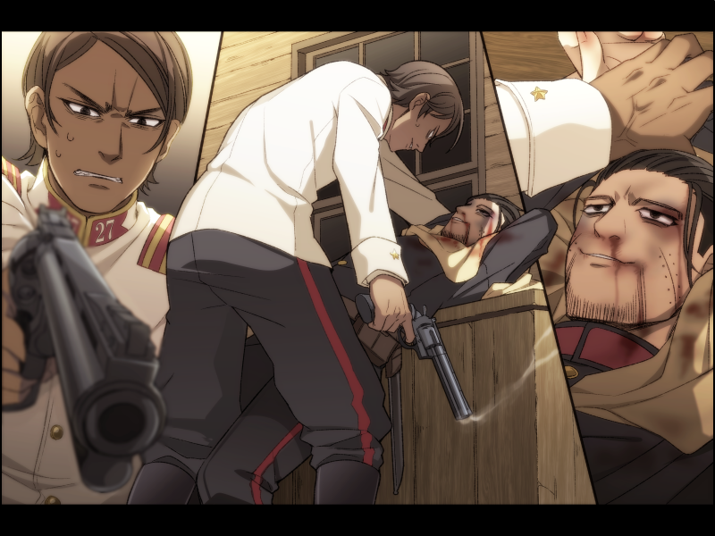 angry arched_back black_hair bleeding blood blood_on_face bloody_clothes brown_hair bruise dark_skin dark_skinned_male facial_hair facial_scar golden_kamuy gun hair_slicked_back handgun holding holding_gun holding_weapon injury itou_(mogura) koito_otonoshin leaning_back male_focus military military_uniform nosebleed ogata_hyakunosuke pistol scar scar_on_cheek short_hair smoke smoking_gun sweat uniform weapon