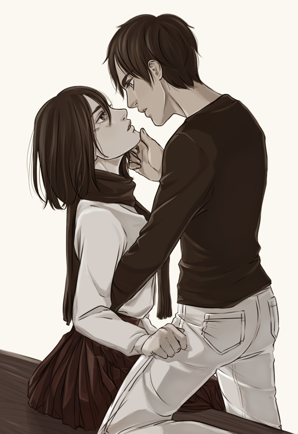 couple eren_yeager lolakasa looking_at_another mikasa_ackerman monochrome short_hair simple_background white_background