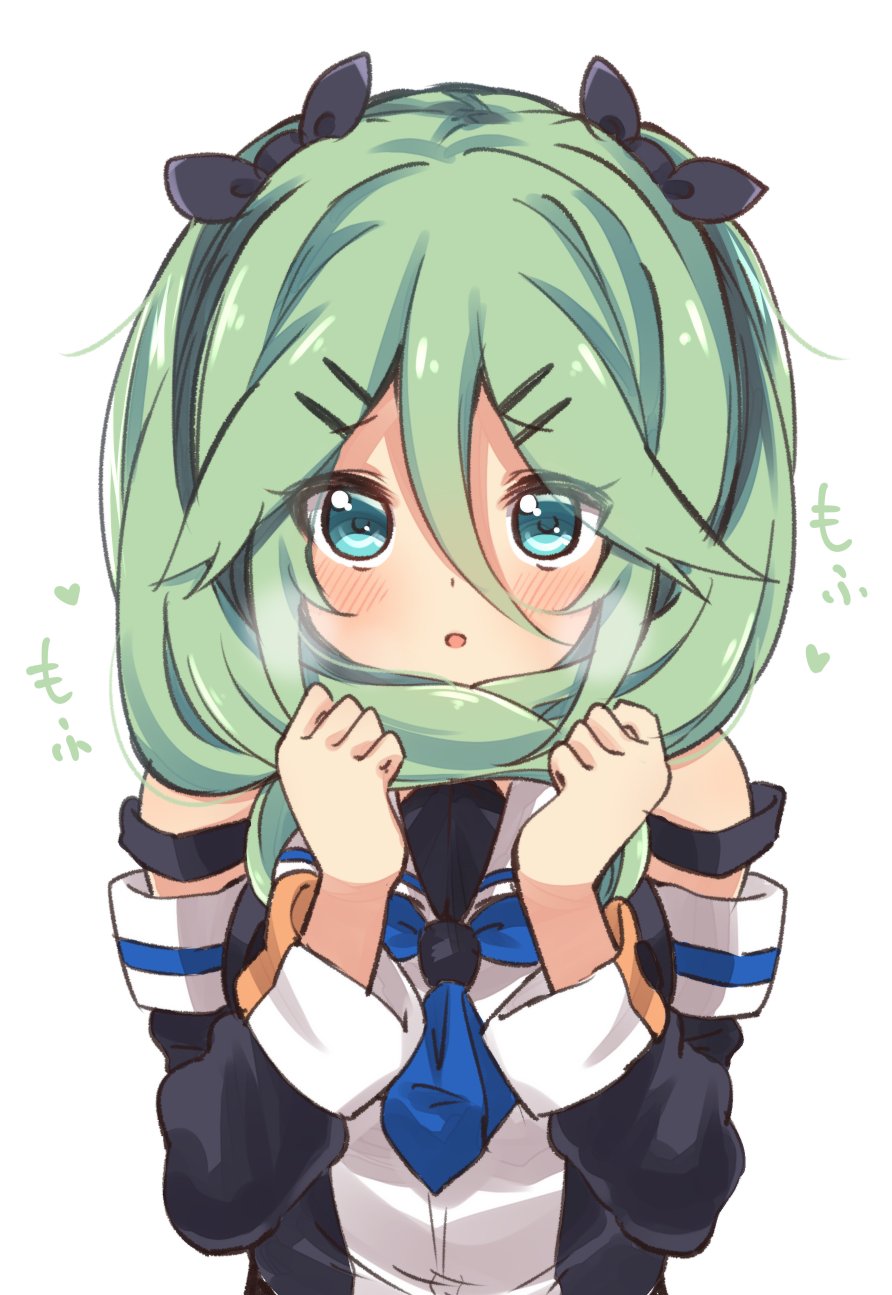 1girl black_serafuku black_shirt blush clenched_hands detached_sleeves green_eyes green_hair hair_ornament hairclip highres kantai_collection long_hair ribbon school_uniform serafuku shirt simple_background solo suzuki_toto twintails twintails_day upper_body white_background yamakaze_(kantai_collection)