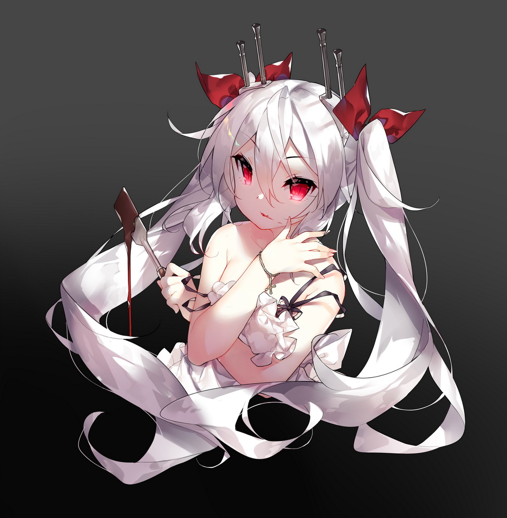 1girl apron azur_lane bangs bare_shoulders black_background blood blood_on_face chocolate closed_mouth collarbone commentary_request eyebrows_visible_through_hair fingernails gradient gradient_background grey_background hair_between_eyes hair_ribbon holding long_hair looking_at_viewer red_eyes red_ribbon ribbon saru sidelocks silver_hair solo spatula strap_slip twintails v-shaped_eyebrows vampire_(azur_lane) very_long_hair white_apron