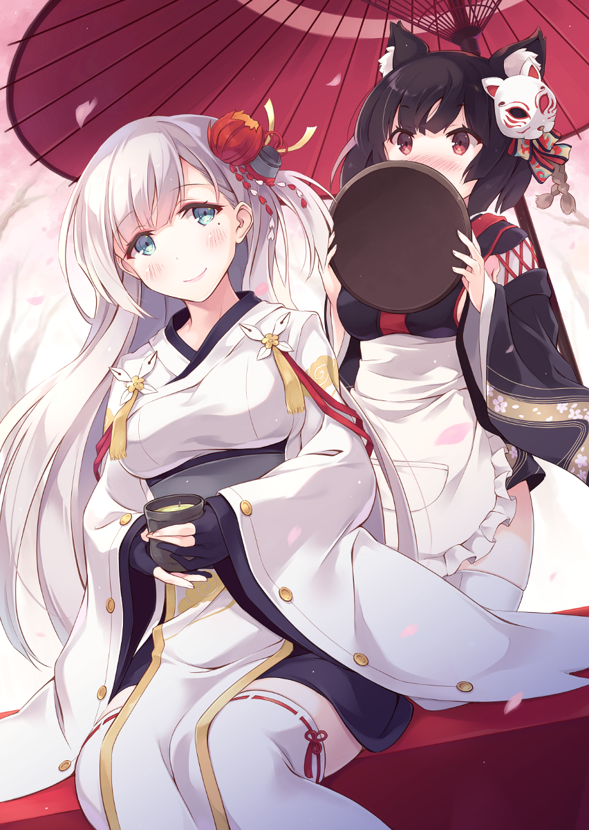 2girls animal_ears apron azur_lane black_gloves black_hair blue_eyes brown_eyes cat_ears cat_mask cat_tail commentary_request covering_mouth cup eyeliner fingerless_gloves furumiya_haiji gloves hair_ornament highres holding japanese_clothes long_hair looking_at_viewer makeup mask mask_on_head mole mole_under_eye multiple_girls oriental_umbrella petals short_hair shoukaku_(azur_lane) silver_hair steam tail tea thigh-highs tray umbrella white_legwear wide_sleeves yamashiro_(azur_lane) yunomi