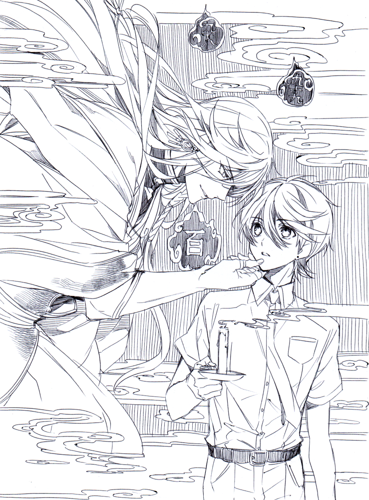 2boys candle clouds crosshatching floating holding_face horikawa_kunihiro izumi-no-kami_kanesada japanese_clothes male_focus monochrome muku_(pixiv3207772) multiple_boys smoke touken_ranbu