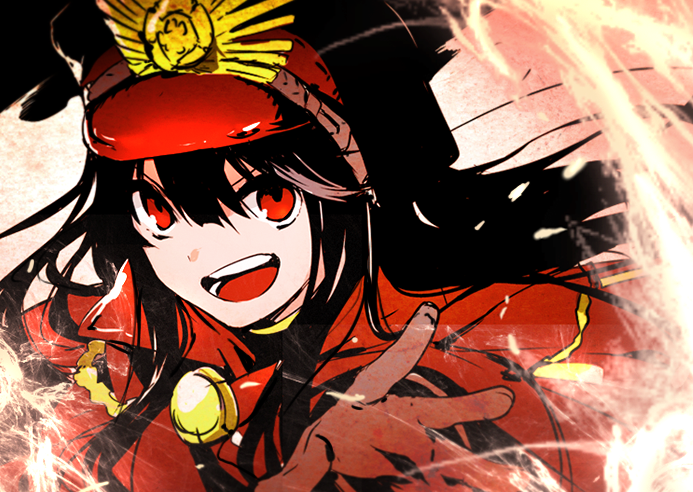 1girl :d black_hair brown_gloves fate/grand_order fate_(series) floating_hair gloves hair_between_eyes hat long_hair looking_at_viewer military_hat oda_nobunaga_(fate) open_mouth red_eyes sakano_anri smile solo upper_body