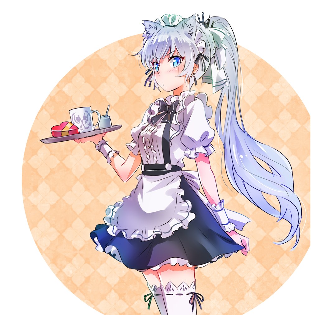 1girl apron blue_eyes blush chocolate chocolate_heart coffee_mug heart iesupa maid maid_apron maid_headdress ponytail rwby scar scar_across_eye solo thigh-highs tray valentine weiss_schnee white_hair zettai_ryouiki