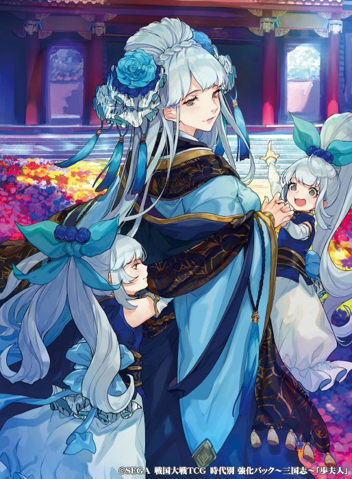 3girls :d architecture braid detached_sleeves east_asian_architecture flower grey_eyes hair_bobbles hair_flower hair_ornament hand_holding hug hug_from_behind long_hair looking_back multiple_girls official_art open_mouth outdoors ponytail sengoku_taisen smile stairs standing tassel very_long_hair watermark white_hair wide_sleeves yuu_(higashi_no_penguin)