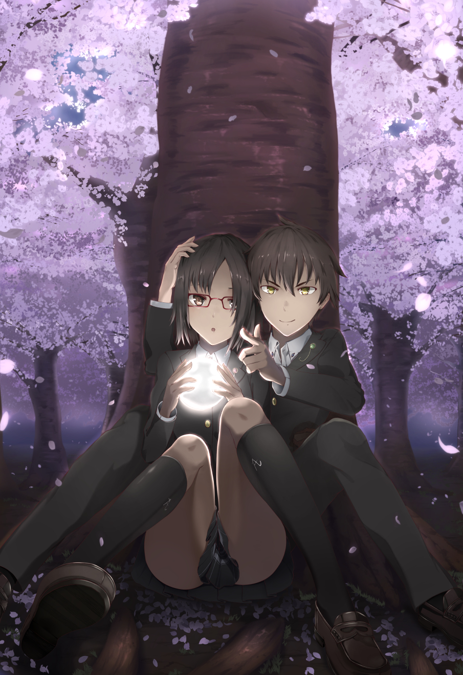 1boy 1girl black_hair black_legwear chestnut_mouth commentary_request highres holding kneehighs knees_together_feet_apart loafers long_sleeves looking_at_viewer original outdoors petals piisu pointing red_glasses school_uniform shirt shoes short_hair sitting socks soles spread_legs thighs tree white_shirt yellow_eyes