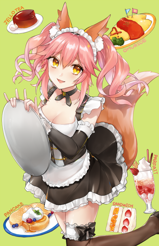 1girl :d animal_ears apron bangs black_dress black_footwear blush breasts brown_eyes brown_legwear cleavage detached_sleeves dress eyebrows_visible_through_hair fangs fate/extra fate_(series) food fox_ears fox_girl fox_shadow_puppet fox_tail frilled_apron frilled_dress frills fruit green_background hair_between_eyes holding holding_tray hsiao long_sleeves looking_at_viewer medium_breasts omurice open_mouth pancake parfait pink_hair plate sandwiched shoes simple_background smile solo standing standing_on_one_leg strawberry tail tamamo_(fate)_(all) tamamo_no_mae_(fate) thigh-highs tray twintails white_apron