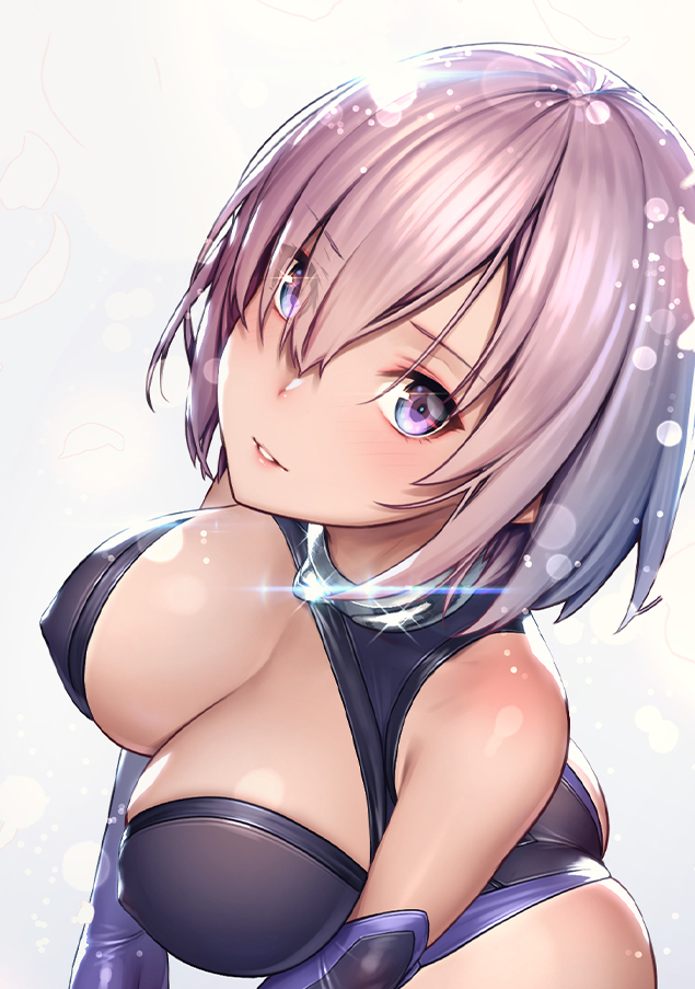 1girl arched_back ass bad_anatomy bad_perspective bangs black_gloves blush breasts cleavage elbow_gloves eyebrows_visible_through_hair eyes_visible_through_hair fate/grand_order fate_(series) from_above glint gloves hair_over_one_eye large_breasts lips looking_at_viewer mash_kyrielight parted_lips purple_hair remana short_hair smile solo tsurime violet_eyes