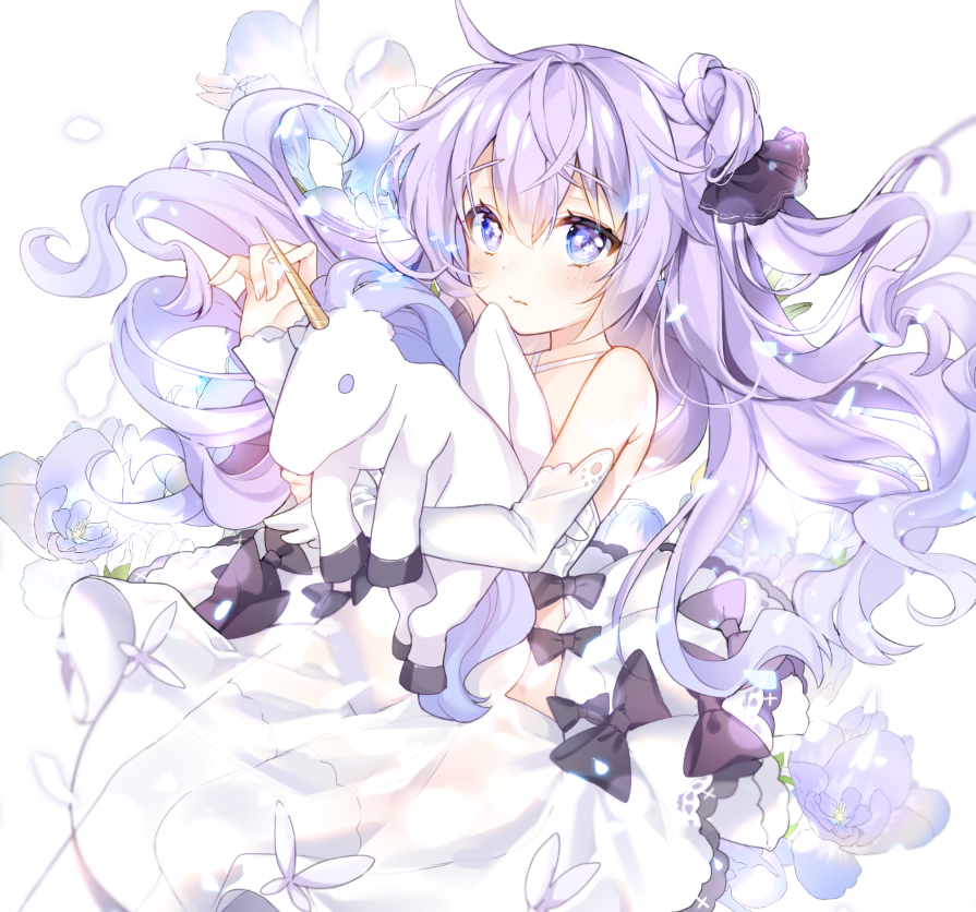 1girl ahoge azur_lane bangs bare_shoulders black_bow black_ribbon blush bow closed_mouth commentary_request criss-cross_halter detached_sleeves dress eyebrows_visible_through_hair fingernails hair_between_eyes hair_bun hair_ribbon halterneck long_hair long_sleeves looking_at_viewer object_hug one_side_up pingo purple_hair ribbon see-through side_bun solo stuffed_animal stuffed_pegasus stuffed_toy stuffed_unicorn thigh-highs unicorn_(azur_lane) very_long_hair violet_eyes white_background white_dress white_legwear
