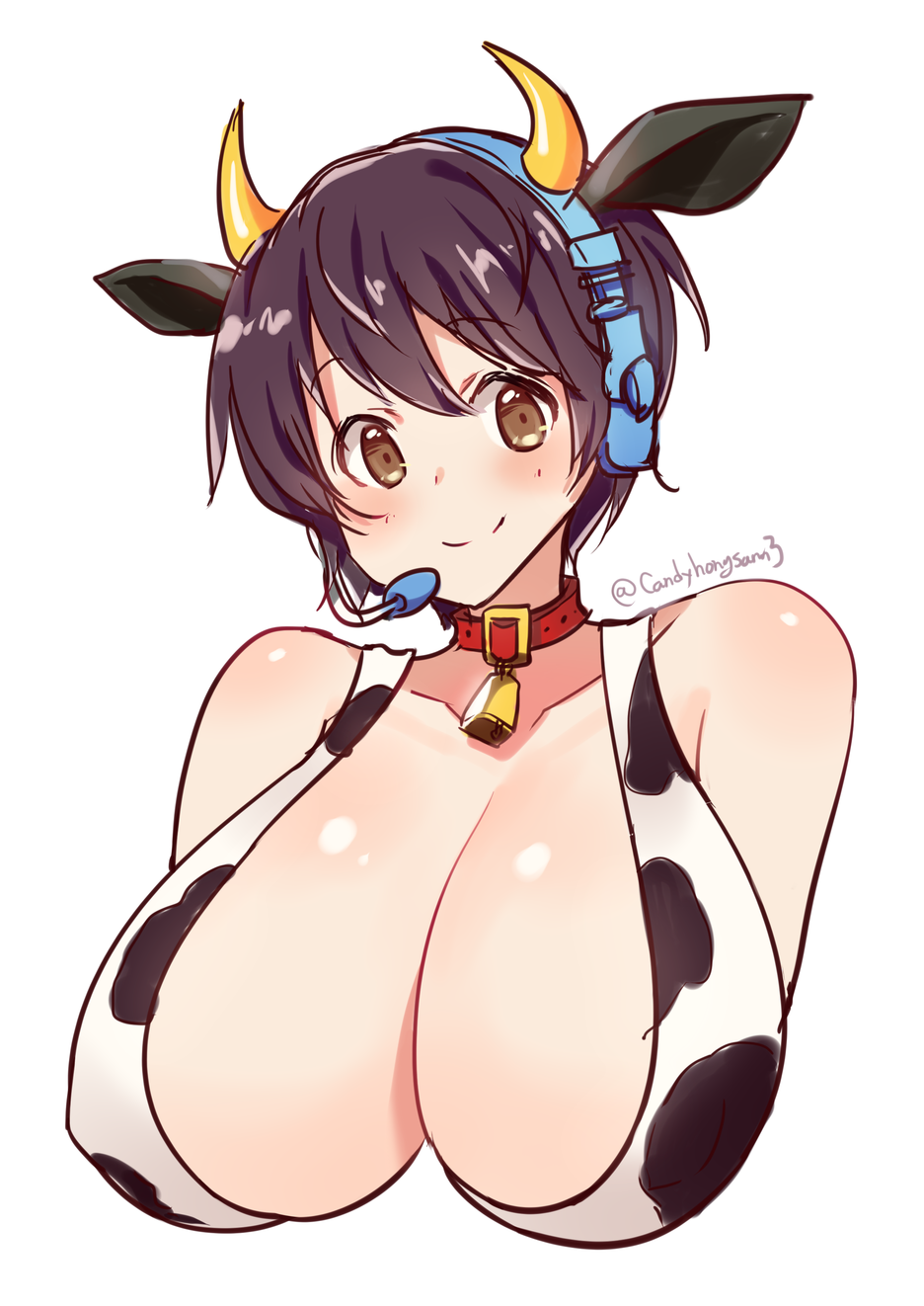 1girl animal_ears animal_print bare_shoulders bell bell_collar breasts brown_eyes brown_hair cleavage closed_mouth collar cow_ears cow_horns cow_print cow_tail highres horns huge_breasts idolmaster idolmaster_cinderella_girls idolmaster_cinderella_girls_starlight_stage jewriel oikawa_shizuku short_hair simple_background solo tail white_background