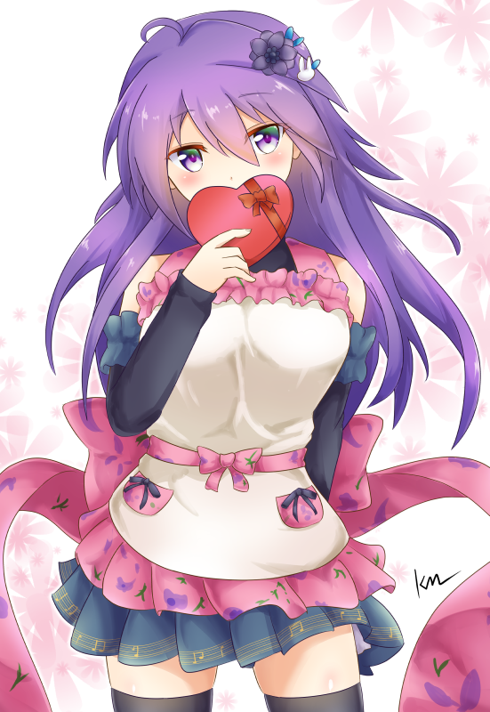 1girl anemone_(flower_knight_girl) apron arm_warmers black_legwear blue_eyes blue_skirt blush bow box covered_mouth floral_background floral_print flower_knight_girl frilled_apron frills gift gift_box hair_bow heart-shaped_box kimukimu long_hair looking_at_viewer musical_note musical_note_print pink_bow purple_hair red_bow signature skirt solo thigh-highs valentine white_apron zettai_ryouiki