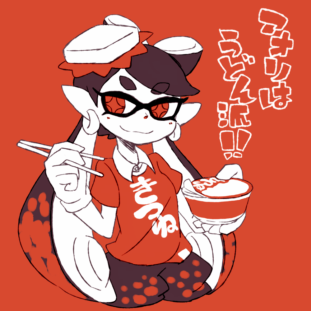 +_+ 1girl alternate_costume aori_(splatoon) black_hair bowl chopsticks closed_mouth clothes_writing domino_mask earrings eyebrows eyebrows_visible_through_hair facing_away food food_on_head gloves hair_rings holding_chopsticks hoop_earrings jewelry kitsune_udon long_hair looking_away looking_to_the_side mask object_on_head pointy_ears puffy_shorts red_background shirt short_sleeves shorts simple_background smile solo splatoon splatoon_1 suction_cups sunagimo_(nagimo) symbol-shaped_pupils t-shirt tentacle_hair udon