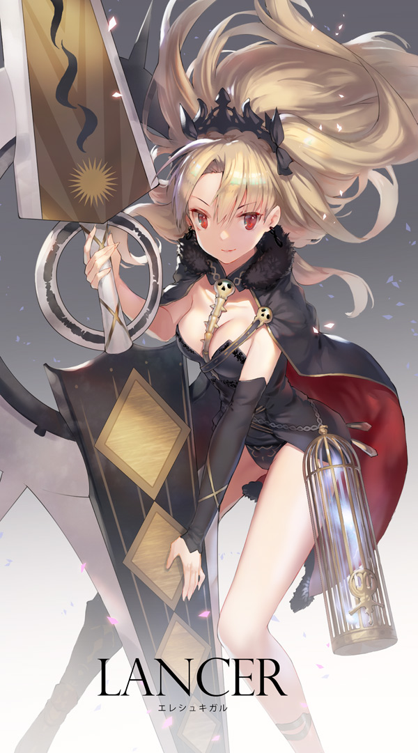 1girl asymmetrical_legwear asymmetrical_sleeves bangs between_breasts birdcage black_bow black_cape black_dress black_legwear blonde_hair bow breasts cage cape cleavage closed_mouth commentary_request detached_collar dress earrings ereshkigal_(fate/grand_order) eyebrows_visible_through_hair fate/grand_order fate_(series) floating_hair fur-trimmed_cape fur_trim hair_between_eyes hair_bow holding holding_weapon huge_weapon infinity jewelry long_sleeves looking_at_viewer medium_breasts multicolored multicolored_cape multicolored_clothes red_cape red_eyes ritsuki single_detached_sleeve single_thighhigh skull sleeves_past_wrists smile solo spine thigh-highs tiara two_side_up weapon