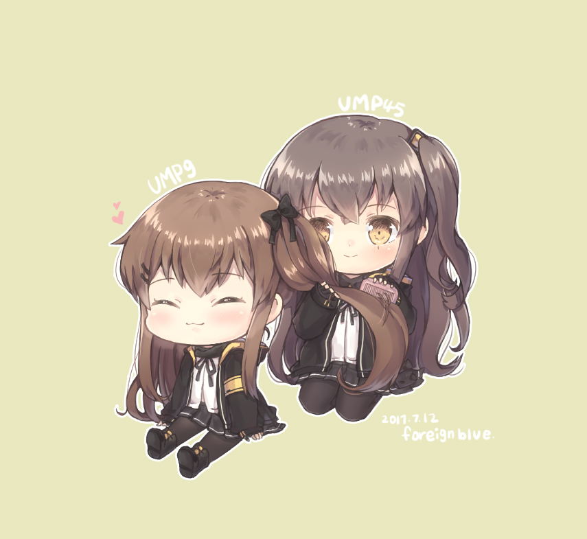 2girls :3 ^_^ artist_name bangs black_bow black_footwear black_gloves black_hoodie black_legwear black_skirt boots bow brown_eyes brown_hair character_name chibi closed_eyes closed_mouth comb combing commentary_request dated dress_shirt eyebrows_visible_through_hair fingerless_gloves foreign_blue girls_frontline gloves green_background hair_between_eyes hair_bow heart holding hood hood_down hoodie long_hair long_sleeves looking_at_viewer multiple_girls open_clothes open_hoodie pantyhose pleated_skirt shirt sidelocks simple_background skirt sleeves_past_wrists smile ump45_(girls_frontline) ump9_(girls_frontline) very_long_hair white_shirt