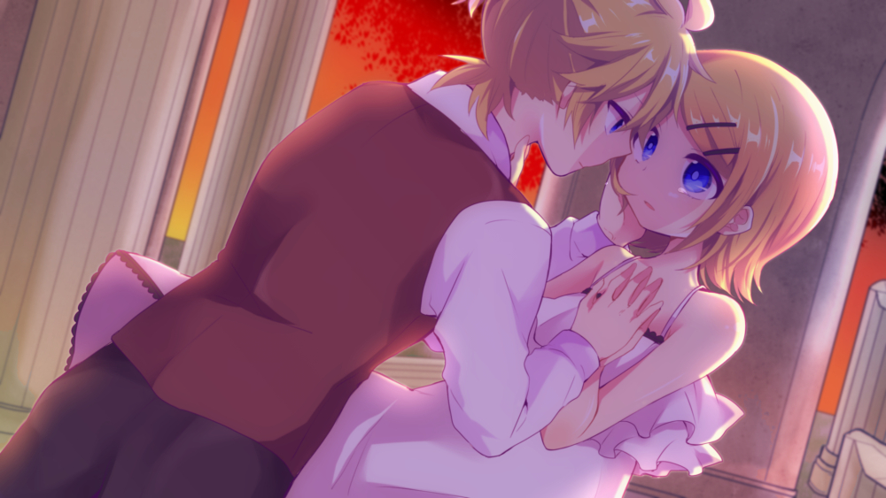 1boy 1girl adolescence_(vocaloid) aoi_choko_(aoichoco) bare_shoulders blonde_hair blue_eyes brother_and_sister camisole dress dusk dutch_angle eye_contact frilled_dress frills hair_ornament hairclip hand_on_another's_face incest kagamine_len kagamine_rin looking_at_another pillar short_hair siblings sleeveless_blazer sleeveless_jacket twincest twins vocaloid