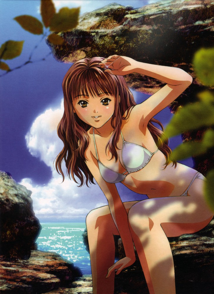 1girl arm_up bikini brown_eyes brown_hair day i"s katsura_masakazu leaning_forward long_hair looking_at_viewer navel ocean official_art outdoors parted_lips sitting solo swimsuit white_bikini yoshizuki_iori