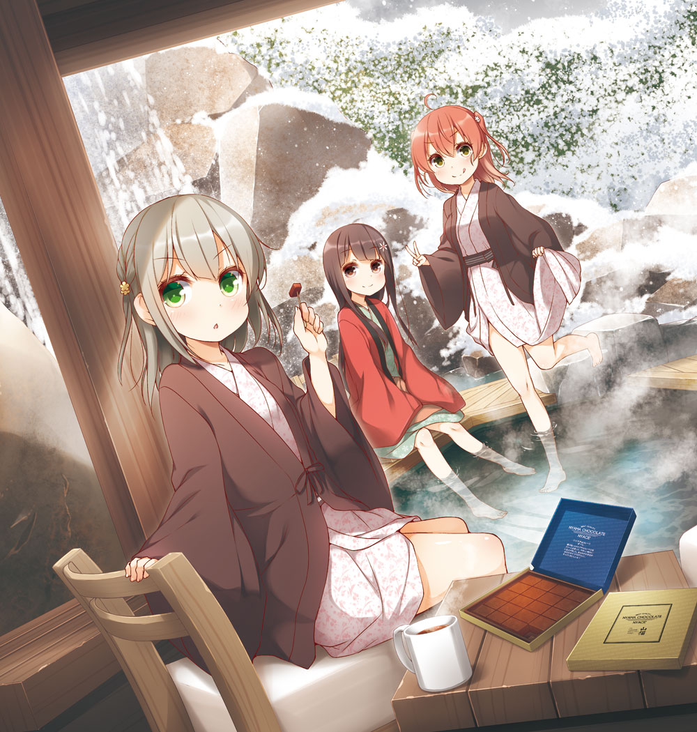 3girls ashiyu black_hair brown_hair commentary_request food green_eyes grey_eyes holding japanese_clothes kimono long_hair multiple_girls original short_hair silver_hair sitting smile standing standing_on_one_leg steam stone v wagashi youkan_(food) yukata yume_no_owari