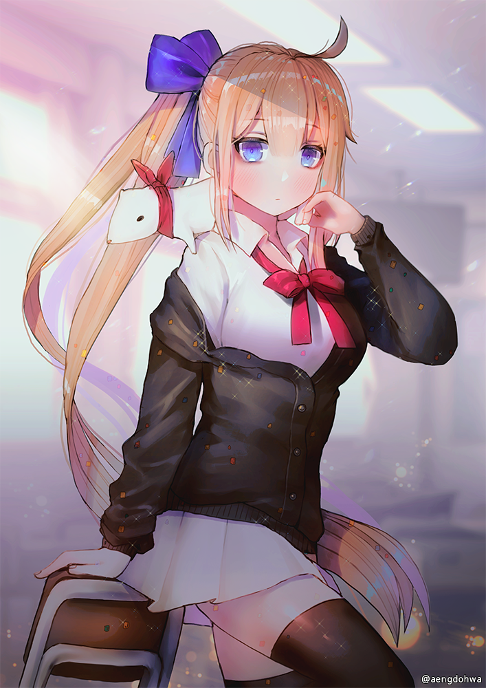 1girl ahoge alternate_costume animal arm_support bangs black_cardigan black_legwear blonde_hair blue_bow blue_eyes blush bow breasts buttons cardigan chair classroom collared_shirt confetti eyebrows_visible_through_hair fal_(girls_frontline) ferret girls_frontline hair_between_eyes hair_ribbon hanato_(seonoaiko) hand_to_own_face leaning_on_object light_particles long_hair looking_at_viewer medium_breasts neck_ribbon off_shoulder pleated_skirt red_ribbon ribbon school_unfirom school_uniform serafuku shirt side_ponytail sidelocks skirt solo standing thigh-highs thighs twitter_username very_long_hair white_shirt white_skirt zettai_ryouiki