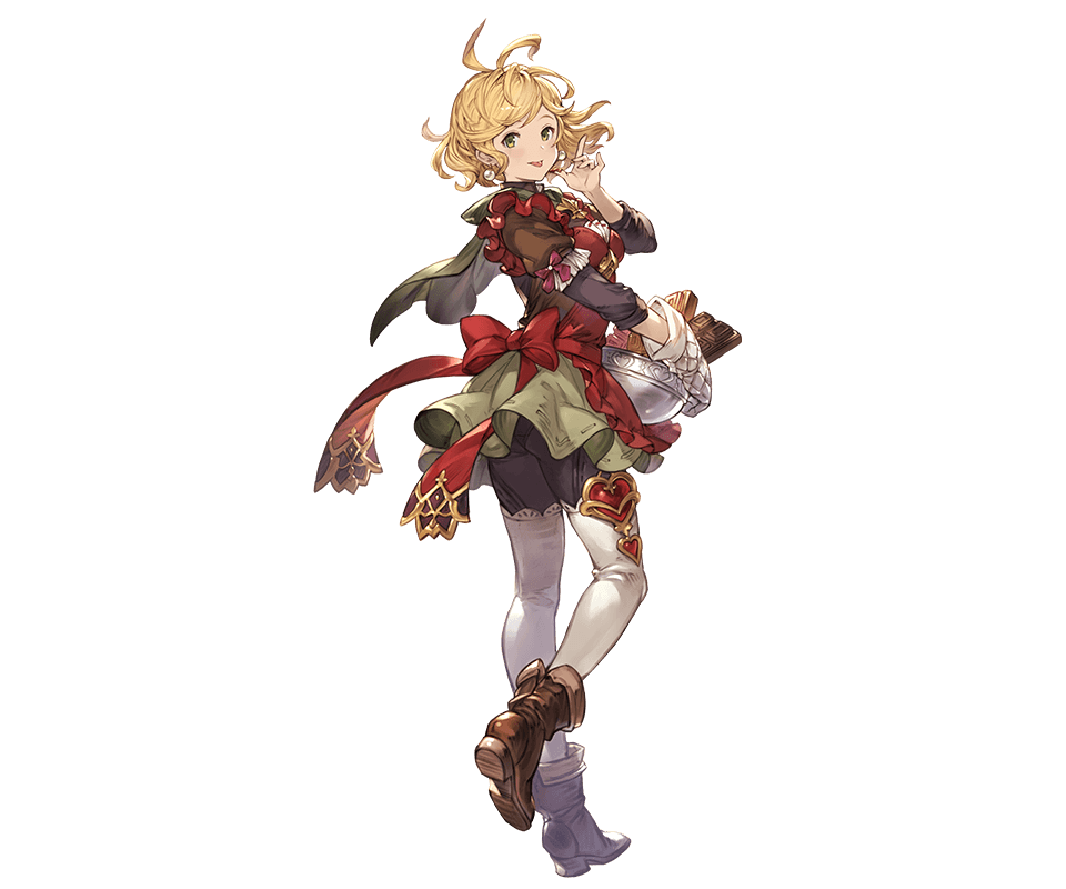 1girl apron ass bangs blonde_hair boots bowl brown_footwear cape capelet chocolate earrings food full_body gloves granblue_fantasy green_eyes holding jewelry looking_at_viewer looking_back minaba_hideo official_art panties panties_under_pantyhose pantyhose puffy_sleeves short_sleeves single_glove skirt solo teena_(granblue_fantasy) tongue tongue_out transparent_background underwear white_legwear