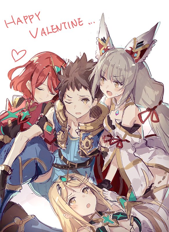 1boy 2girls animal_ears asuka_(louyun) bangs black_hair blunt_bangs blush bodysuit breasts brown_hair cat_ears closed_eyes crotchless_pants eyebrows girl_sandwich gloves hair_ornament pyra_(xenoblade) hug large_breasts leotard long_hair multiple_girls niyah redhead rex_(xenoblade_2) ribbon sandwiched short_hair silver_hair simple_background smile tiara twintails white_gloves xenoblade xenoblade_2 yellow_eyes