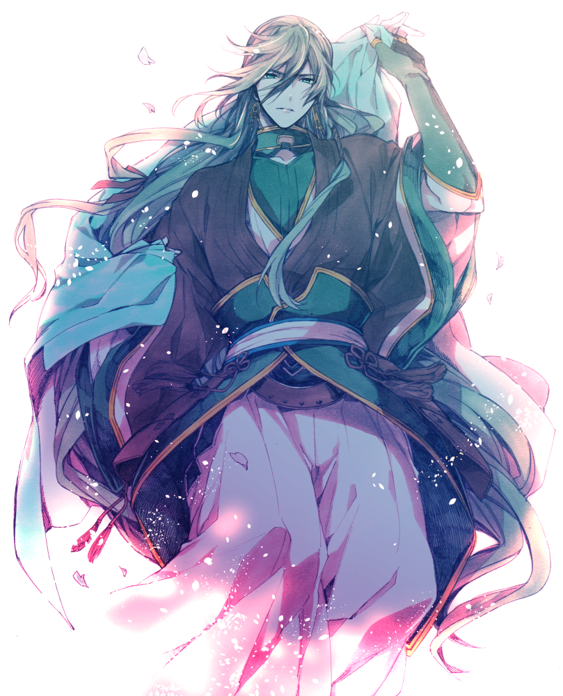 1boy black_hair blue fingerless_gloves gloves hakama haori holding_cloth izumi-no-kami_kanesada japanese_clothes long_hair male_focus muku_(pixiv3207772) solo touken_ranbu very_long_hair