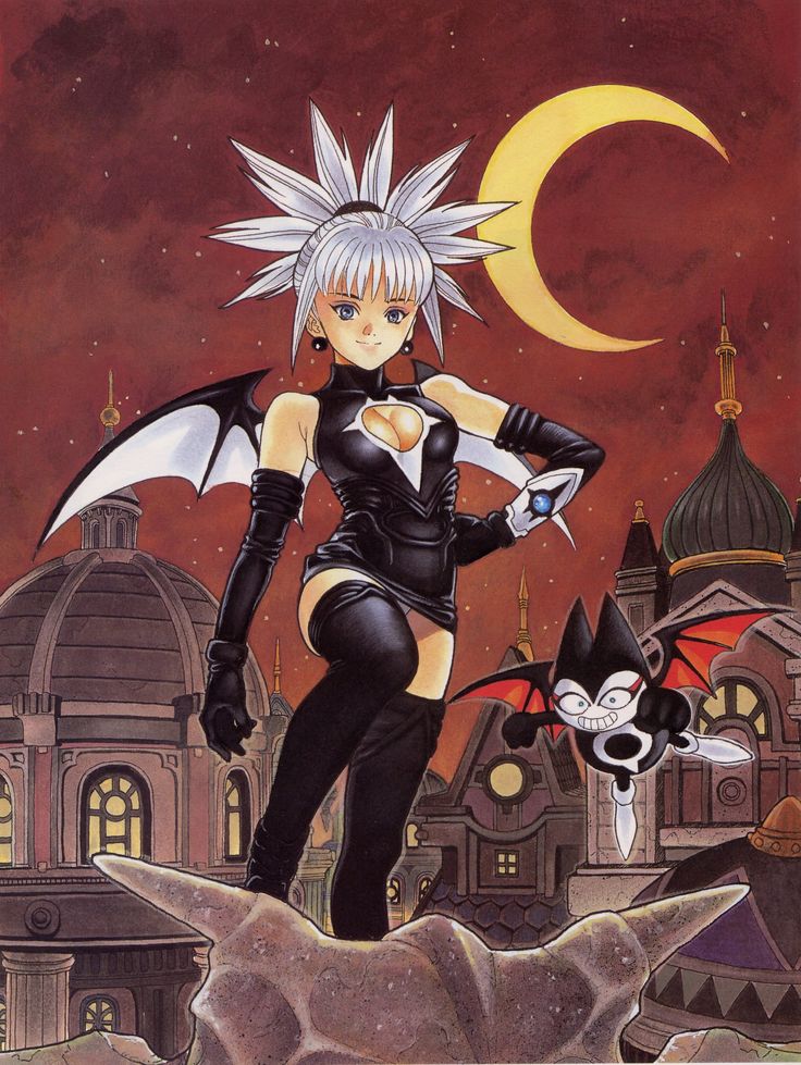 1girl bat_wings black_gloves black_legwear blue_eyes breasts city cleavage_cutout crescent_moon de-mo earrings elbow_gloves flying gloves grin hand_on_hip jewelry katsura_masakazu komori_aimi long_hair looking_at_viewer medium_breasts moon night official_art outdoors panties panty_peek ponytail red_sky shadow_lady silver_hair sky smile spiky_hair standing star_(sky) starry_sky thigh-highs turtleneck underwear wings