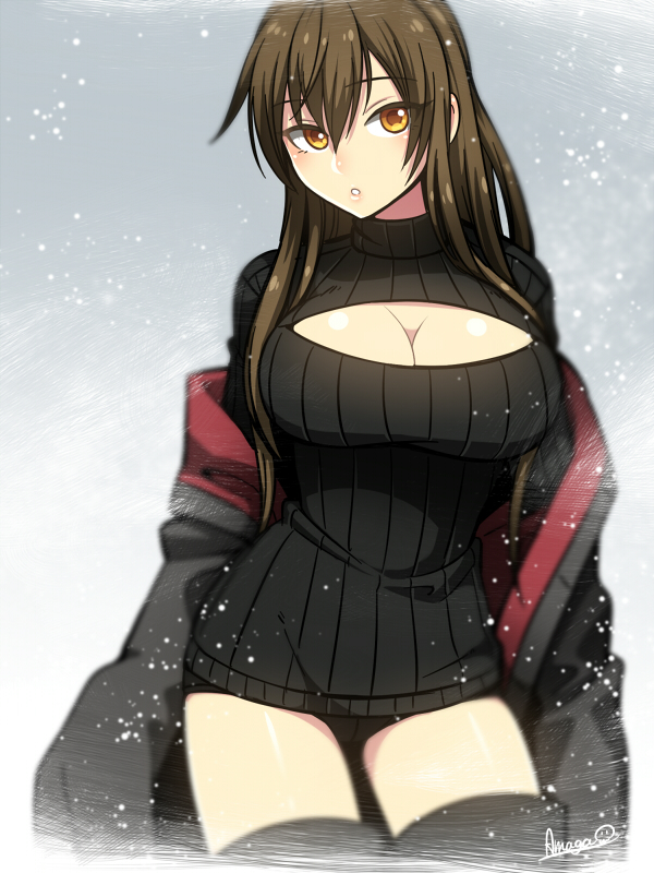 1girl amaga_sakuramaru black_footwear black_shorts black_sweater boots breasts brown_hair center_opening cleavage cleavage_cutout coat contrapposto cowboy_shot large_breasts long_hair long_sleeves looking_at_viewer meme_attire off_shoulder open-chest_sweater original ribbed_sweater short_shorts shorts snow solo sweater thigh-highs thigh_boots turtleneck yellow_eyes