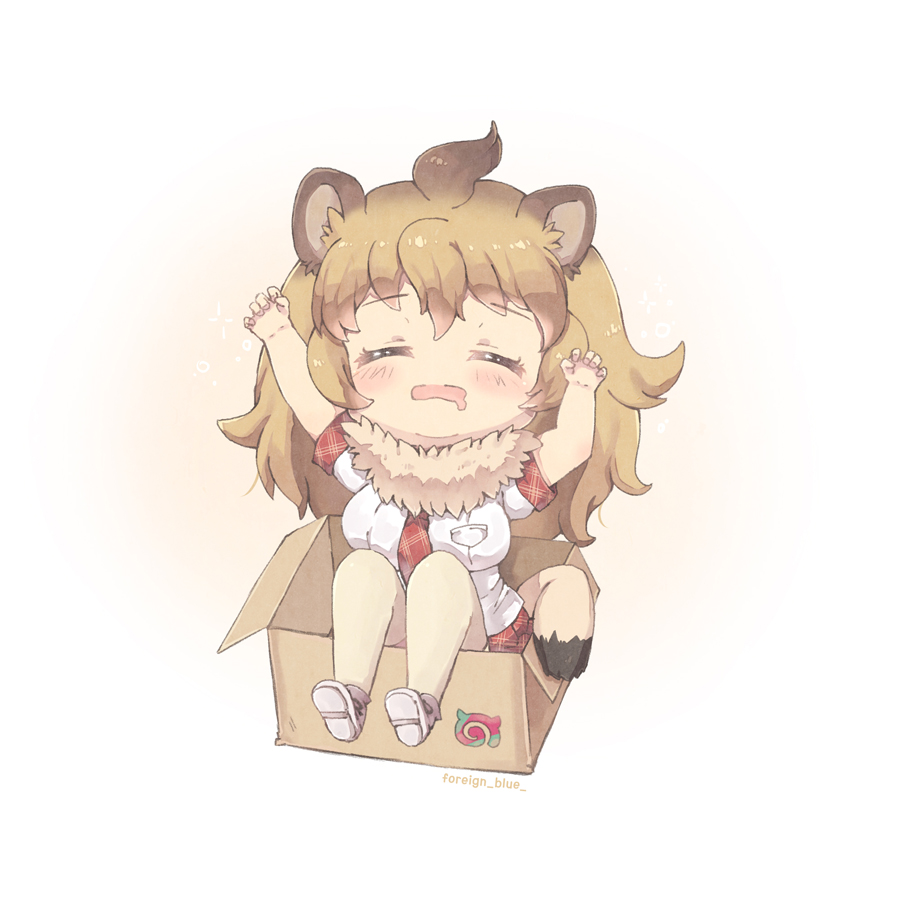 1girl animal_ears arms_up artist_name bangs beige_legwear blush box breasts brown_hair cardboard_box chibi closed_eyes commentary_request drooling eyebrows_visible_through_hair facing_viewer foreign_blue fur_collar gradient_hair in_box in_container japari_symbol kemono_friends large_breasts light_brown_hair lion_(kemono_friends) lion_ears lion_tail long_hair multicolored_hair necktie open_mouth pantyhose plaid_neckwear red_neckwear shirt shoes short_sleeves sleepy solo tail very_long_hair white_footwear white_shirt