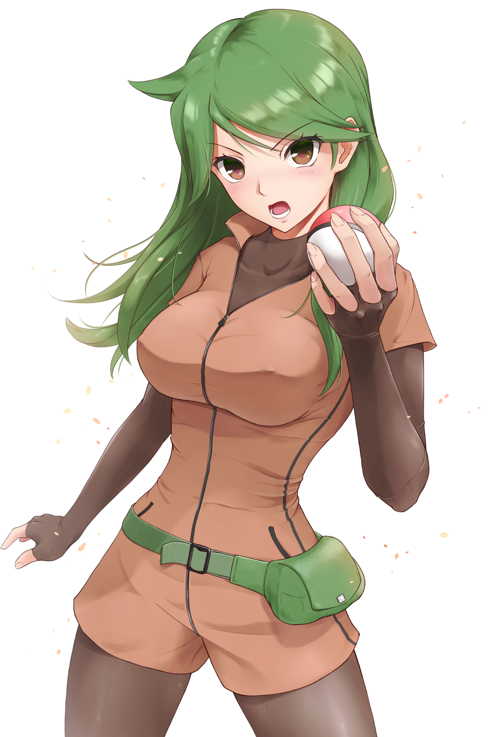 &gt;:o 1girl ace_trainer_(pokemon) blush bodysuit_under_clothes breasts brown_eyes commentary_request comugico cowboy_shot erect_nipples eyebrows_visible_through_hair fanny_pack green_hair highres holding holding_poke_ball leotard long_hair looking_at_viewer medium_breasts npc poke_ball pokemon pokemon_(game) pokemon_dppt short_sleeves solo standing zipper