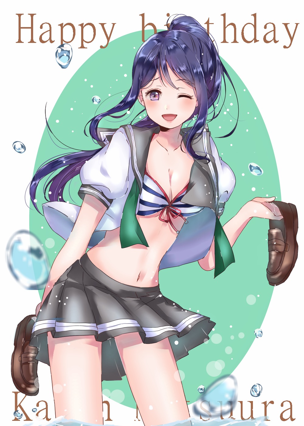 bikini blue_hair long_hair matsuura_kanan purple_eyes