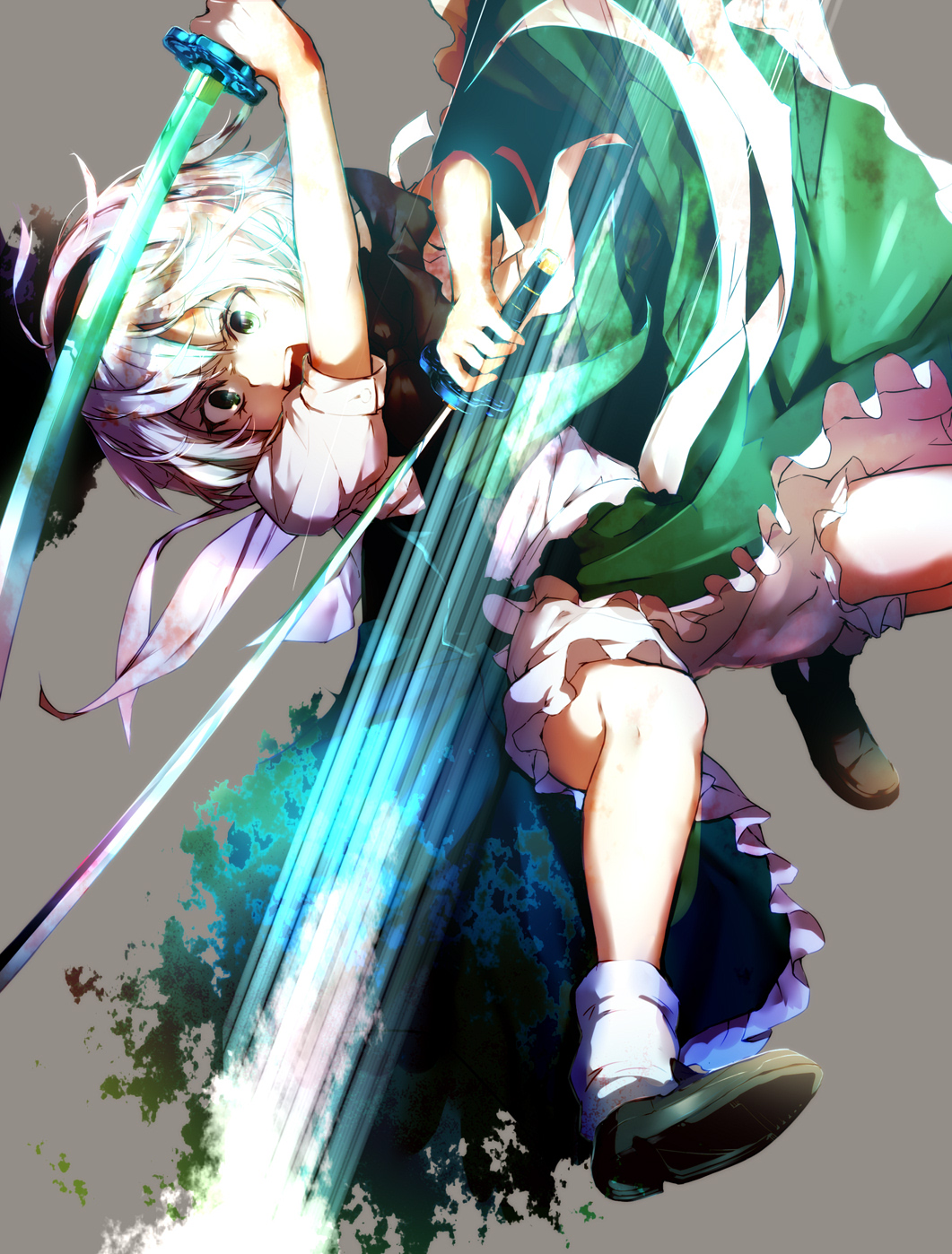 1girl :o black_footwear black_ribbon bloomers commentary_request cuffs dual_wielding frilled_skirt frills green_eyes green_skirt grey_background hairband highres holding holding_sword holding_weapon katana konpaku_youmu open_mouth puffy_short_sleeves puffy_sleeves ribbon sakusyo shoes short_hair short_sleeves silver_hair skirt solo sword teeth touhou underwear v-shaped_eyebrows weapon white_bloomers