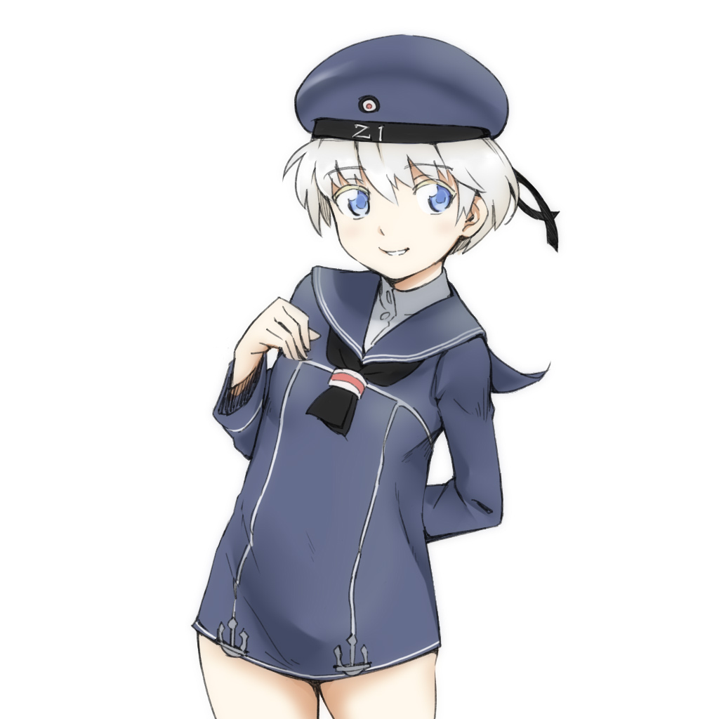 1girl anchor arm_behind_back black_neckwear blue_eyes breasts clothes_writing dress dri_(drinker-dor) hat kantai_collection long_sleeves military military_hat military_uniform peaked_cap sailor_collar sailor_dress sailor_hat short_hair silver_hair small_breasts solo uniform z1_leberecht_maass_(kantai_collection)