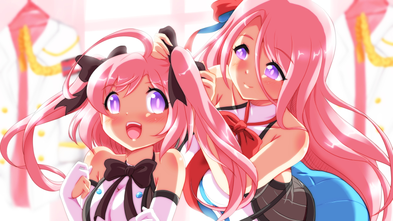 2girls :d ahoge aiguillette azur_lane bangs bending_forward bent_over black_bow black_neckwear blurry blush body_blush bow bowtie breasts bright_pupils buttons closed_mouth clothes_hanger collarbone depth_of_field dress elbow_gloves eyebrows eyebrows_visible_through_hair eyelashes eyes_visible_through_hair gloves hair_between_eyes hair_bow hair_ribbon huge_ahoge jacket lexington_(azur_lane) long_hair long_sleeves looking_at_another medium_breasts multicolored multicolored_clothes multicolored_dress multiple_girls oborogumo_takamitsu open_clothes open_jacket open_mouth partly_fingerless_gloves pink_hair pink_pupils red_bow red_neckwear red_ribbon ribbon saratoga_(azur_lane) shiny shiny_hair sleeveless sleeveless_dress smile straight_hair tareme teeth tongue turtleneck twintails tying_hair unbuttoned violet_eyes white_gloves white_jacket window