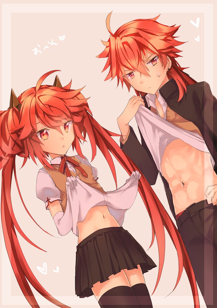 1boy 1girl abs character_request copyright_request navel red_eyes redhead satoimo_(3311_mi) school_uniform twintails