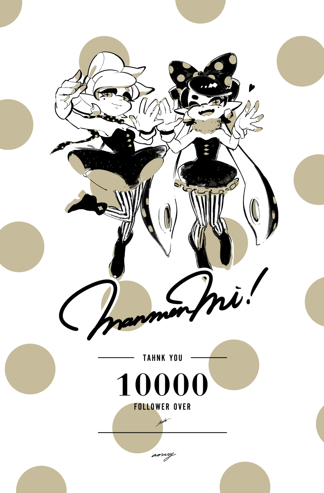 +_+ 2girls ankle_boots aori_(splatoon) artist_name boots bow catchphrase closed_mouth cousins domino_mask dress earrings english engrish fangs frilled_dress frills gloves hair_bow heart highres hotaru_(splatoon) jewelry leg_up long_hair looking_at_viewer mask mole mole_under_eye monochrome multiple_girls one_eye_closed open_mouth pantyhose pointy_ears polka_dot polka_dot_background pose ranguage scarf seto_(asils) short_hair signature smile splatoon standing standing_on_one_leg strapless strapless_dress striped striped_legwear tentacle_hair vertical-striped_legwear vertical_stripes very_long_hair waving