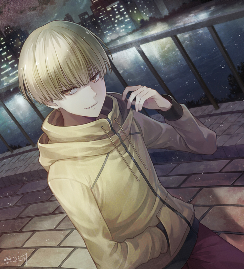 1boy angel31424 blonde_hair bowl_cut brick_road brown_eyes city dutch_angle enokida_(hakata_tonkotsu_ramens) hakata_tonkotsu_ramens hand_in_pocket hand_up hood hood_down hoodie looking_at_viewer male_focus outdoors railing river signature solo