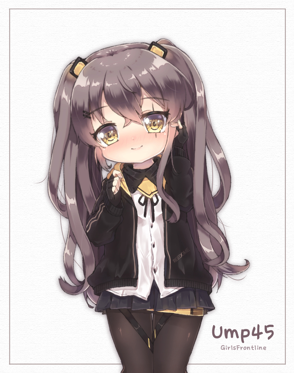 1girl arm_up bangs black_gloves black_hoodie black_legwear black_ribbon black_skirt blush brown_hair character_name closed_mouth copyright_name dress_shirt eyebrows_visible_through_hair fingerless_gloves foreign_blue girls_frontline gloves hair_between_eyes hair_ornament hairclip hand_up head_tilt highres hood hood_down hoodie long_hair looking_at_viewer nose_blush open_clothes open_hoodie pantyhose pleated_skirt ribbon scar scar_across_eye shirt skirt smile solo twintails ump45_(girls_frontline) very_long_hair white_shirt yellow_eyes