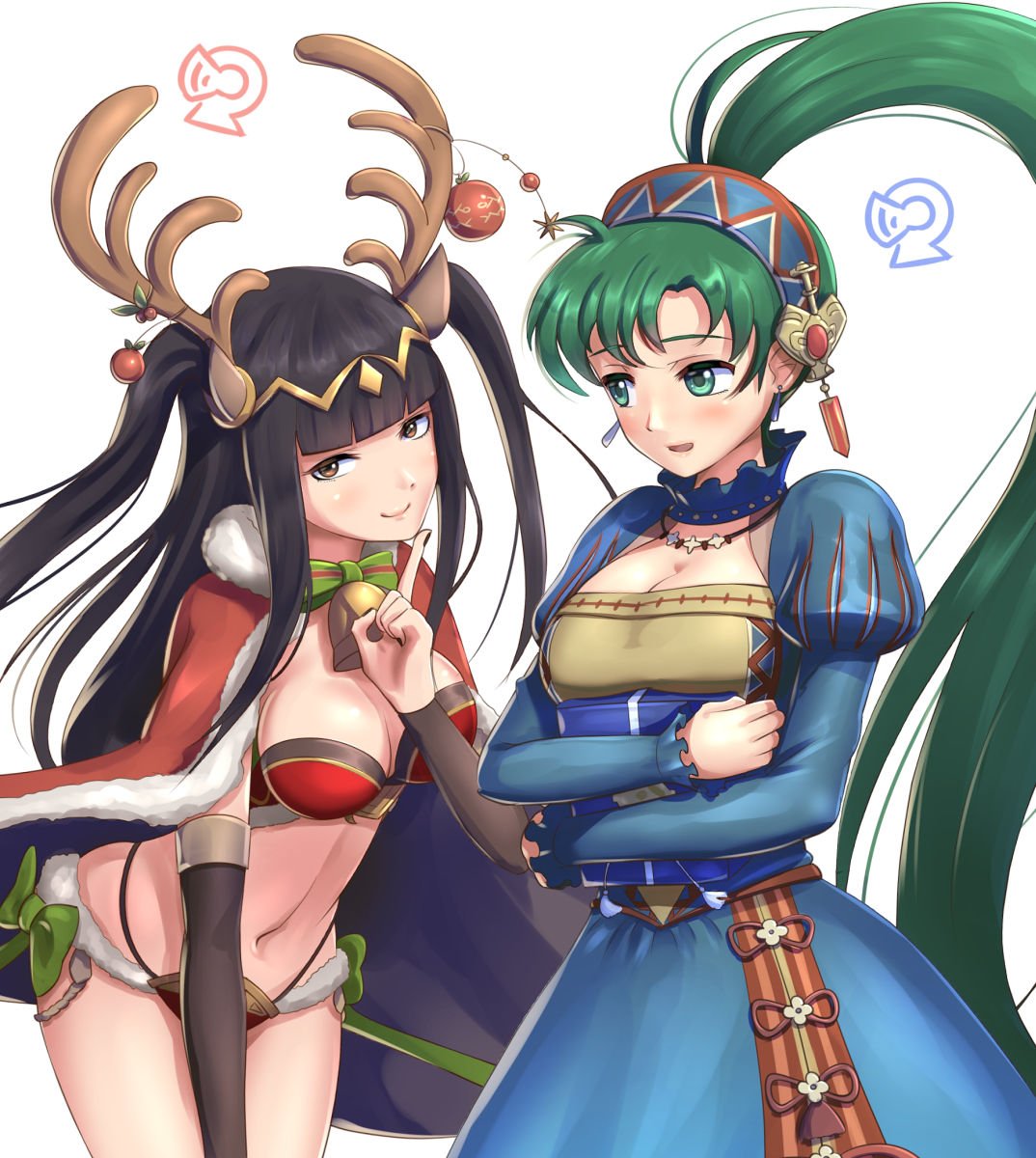 2girls bangle bikini black_hair bracelet breasts cape christmas cleavage fire_emblem fire_emblem:_kakusei fire_emblem:_rekka_no_ken fire_emblem_heroes gonzarez green_eyes green_hair high_ponytail highres jewelry long_hair lyndis_(fire_emblem) multiple_girls navel ponytail smile swimsuit tharja tiara two_side_up