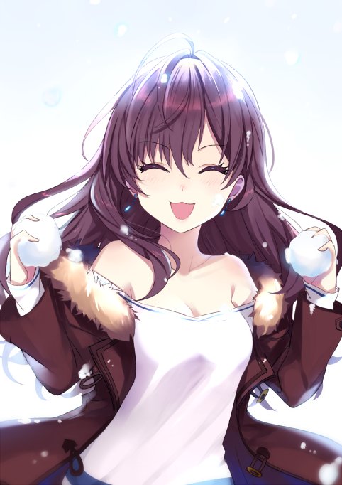 1girl :3 ahoge bangs breasts brown_hair brown_jacket cleavage closed_eyes collarbone earrings fur-trimmed_jacket fur_trim gradient gradient_background haikimono_shounen ichinose_shiki idolmaster idolmaster_cinderella_girls jacket jewelry long_hair medium_breasts off_shoulder open_clothes open_jacket shirt smile snowball snowing solo wavy_hair white_shirt