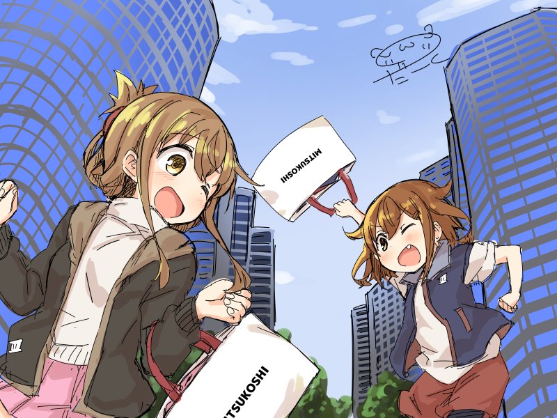 &gt;:d 2girls blush brown_eyes brown_hair casual city commentary_request darkside day fang folded_ponytail ikazuchi_(kantai_collection) inazuma_(kantai_collection) jacket kantai_collection mitsukoshi_(department_store) multiple_girls one_eye_closed signature sketch sky