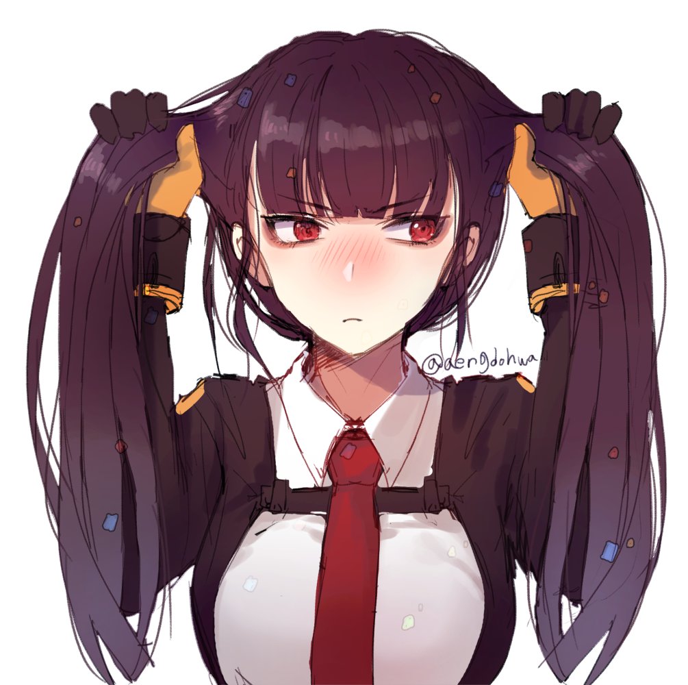 1girl alternate_hairstyle bangs blazer blunt_bangs blush breasts buckle chocolate_hair closed_mouth collared_shirt confetti eyebrows_visible_through_hair girls_frontline gloves hanato_(seonoaiko) holding holding_hair jacket long_hair long_sleeves looking_away medium_breasts necktie purple_hair red_eyes red_neckwear shirt sidelocks simple_background solo strap tsundere twintails twitter_username two_side_up upper_body wa2000_(girls_frontline) white_background white_shirt