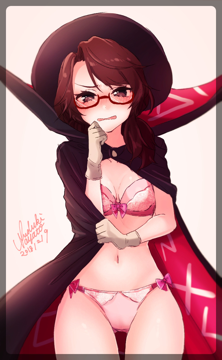 1girl artist_name bangs black_cape blush border bow bow_bra bra breasts brown_hair cape cleavage dated eyebrows_visible_through_hair glasses gloves gradient gradient_background grey_gloves hand_on_own_face highres kururuduki lingerie long_hair looking_at_viewer navel nose_blush open_mouth panties pink_bow pink_bra pink_panties red-framed_eyewear semi-rimless_eyewear side-tie_panties signature small_breasts solo standing stomach swept_bangs thigh_gap touhou transparent_border under-rim_eyewear underwear usami_sumireko v-shaped_eyebrows violet_eyes