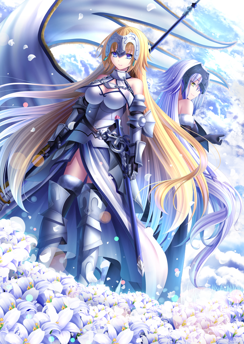 2girls armor armored_boots armored_dress banner black_legwear blonde_hair blue_eyes boots breasts cleavage dress dutch_angle eyebrows_visible_through_hair fate/grand_order fate_(series) floating_hair flower fur_trim gauntlets highres holding holding_weapon jeanne_d'arc_(alter)_(fate) jeanne_d'arc_(fate) jeanne_d'arc_(fate)_(all) lens_flare long_hair looking_back medium_breasts multiple_girls sheath silver_hair sleeveless sleeveless_dress smile standing sword thigh-highs toshi_(1-147) very_long_hair weapon white_dress white_flower yellow_eyes