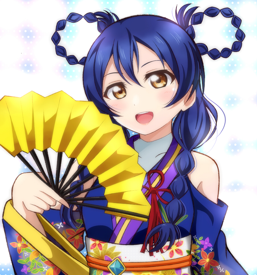 1girl angelic_angel bangs bare_shoulders blue_hair blush braid commentary_request detached_sleeves eyebrows_visible_through_hair fan floral_print folding_fan hair_between_eyes hair_ornament hair_rings japanese_clothes kimono long_hair long_sleeves looking_at_viewer love_live! love_live!_school_idol_project open_mouth shoulder_cutout simple_background smile solo sonoda_umi twin_braids upper_body wewe yellow_eyes