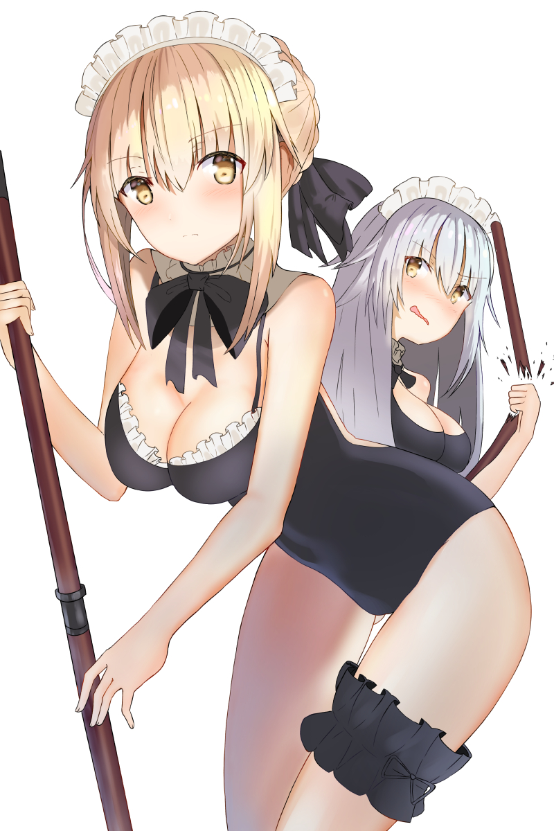 2girls artoria_pendragon_(all) artoria_pendragon_(swimsuit_rider_alter) black_ribbon black_swimsuit blonde_hair blush breasts casual_one-piece_swimsuit choker cleavage fate/grand_order fate_(series) hair_between_eyes highres holding jeanne_d'arc_(alter)_(fate) jeanne_d'arc_(fate)_(all) long_hair maid_headdress medium_breasts miamuly multiple_girls neck_ribbon one-piece_swimsuit open_mouth ribbon short_hair_with_long_locks sidelocks silver_hair simple_background swimsuit thigh_strap white_background yellow_eyes