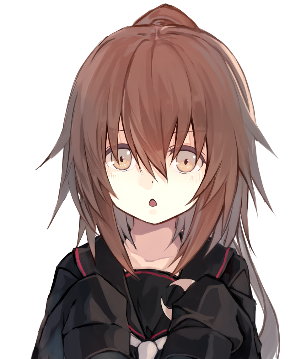 1girl black_serafuku black_shirt brown_eyes brown_hair collarbone eyebrows_visible_through_hair fumizuki_(kantai_collection) hair_between_eyes high_ponytail kantai_collection long_hair natsuyuki open_mouth portrait school_uniform serafuku shirt simple_background sleeves_past_fingers solo white_background